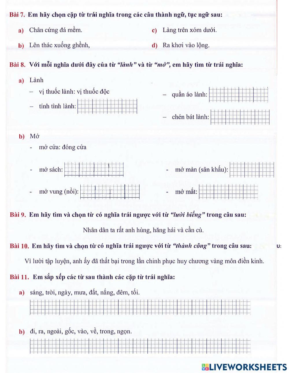 Tiếng Việt 2 lên 3 - Dạng 3: Từ trái nghĩa