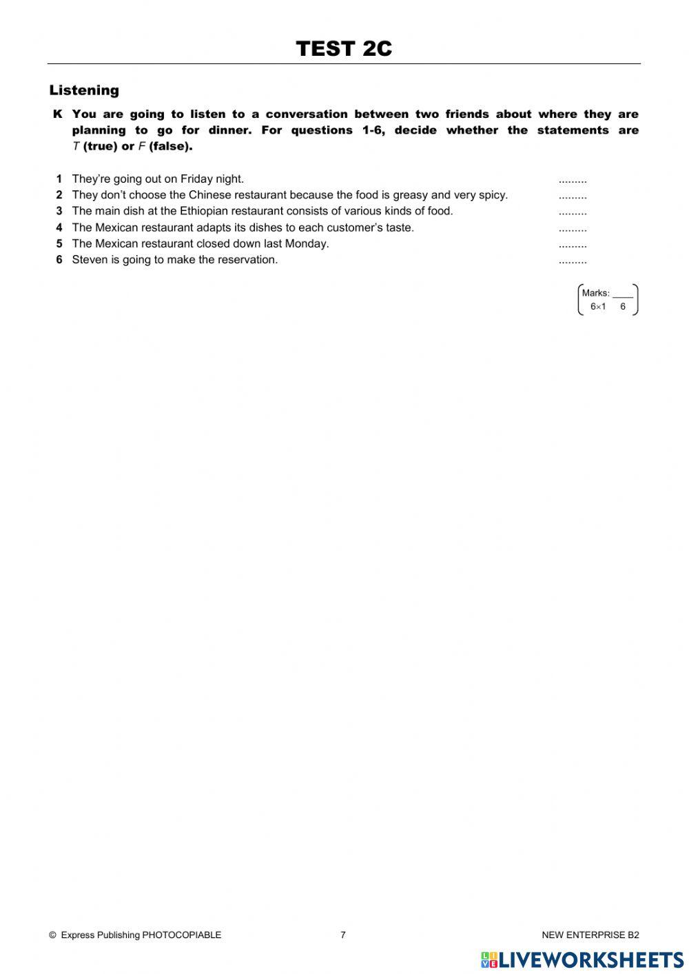 Test 2C Units 4-6 worksheet | Live Worksheets