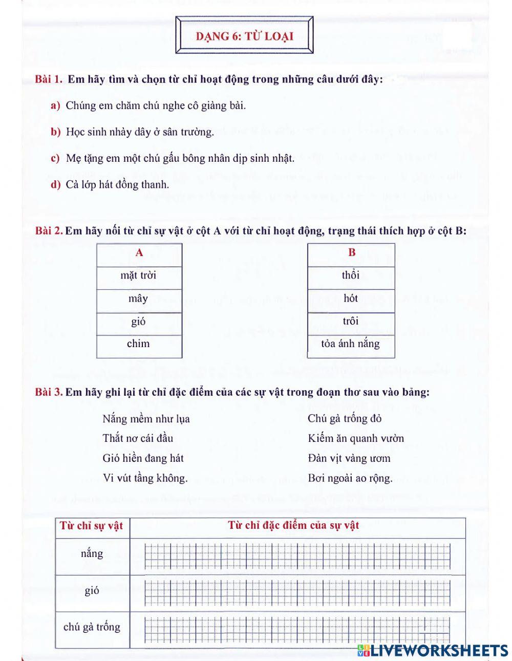 Tiếng Việt 2 lên 3 - Dạng 6: Từ loại