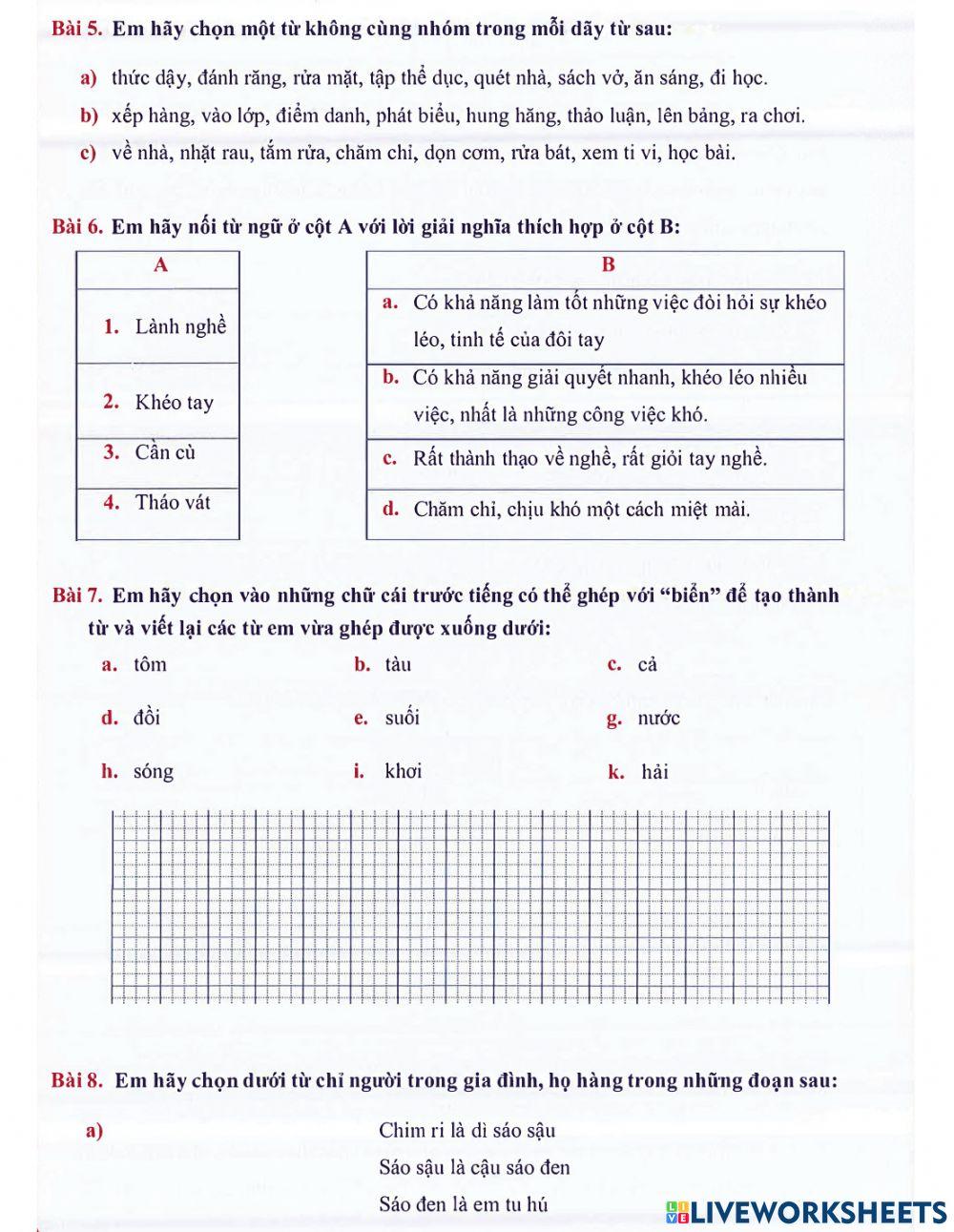 Tiếng Việt 2 lên 3 - Dạng 7: Mở rộng vốn từ