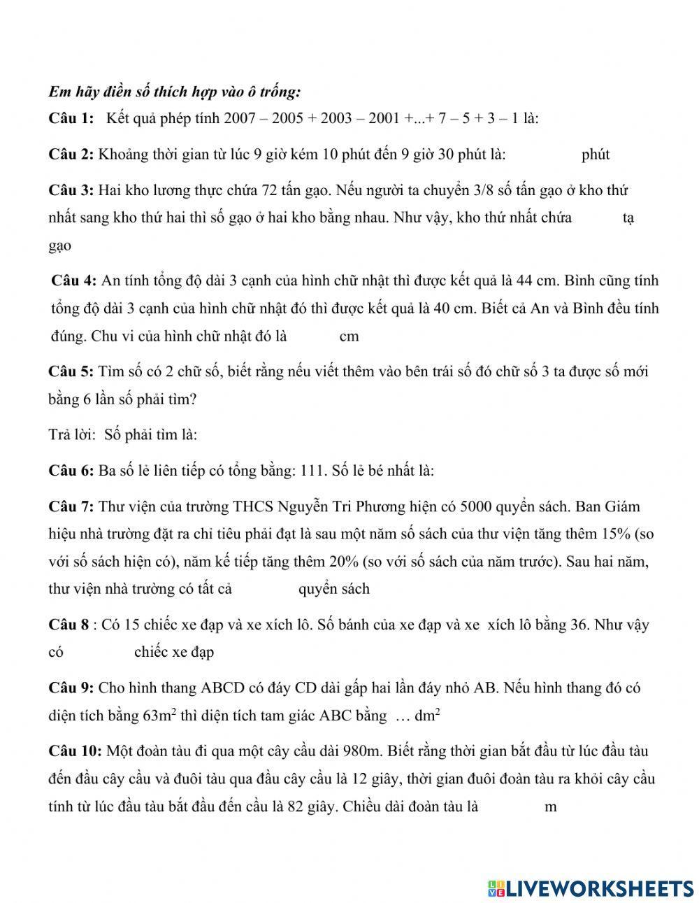 Đề nâng cao- 3 lop 5