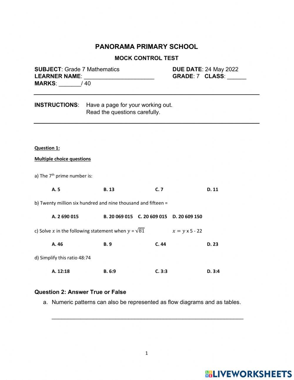 Grade 7 Maths Revision free exercise Live Worksheets