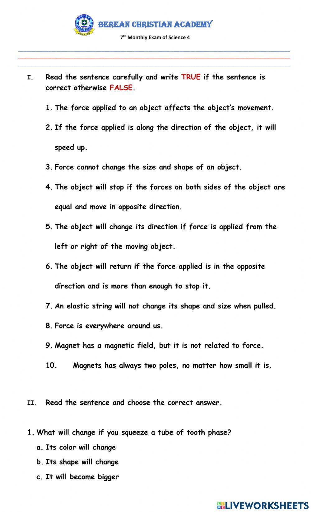 7th Monthly Exam in Science 4