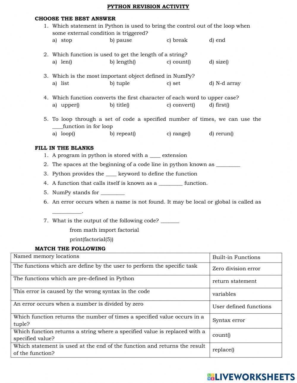 Python Revision Test online exercise for | Live Worksheets