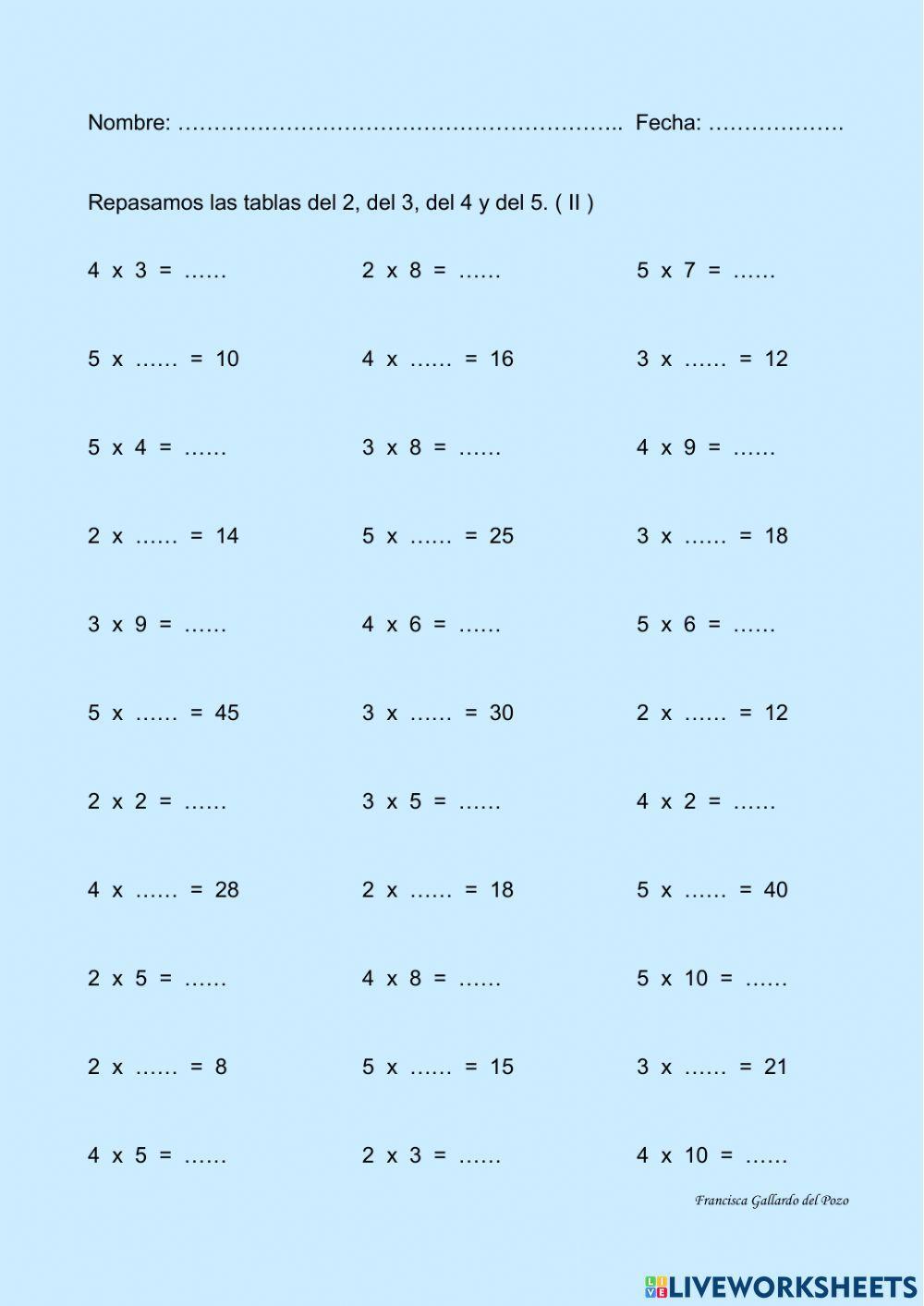 Repaso las tablas del 2 al 5 (II)
