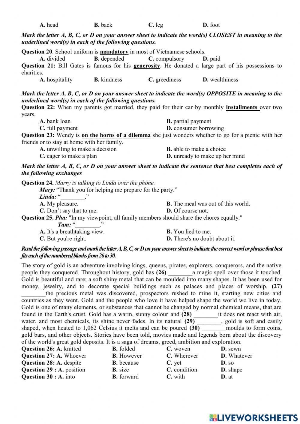 Bee grade 12 - de thi thu