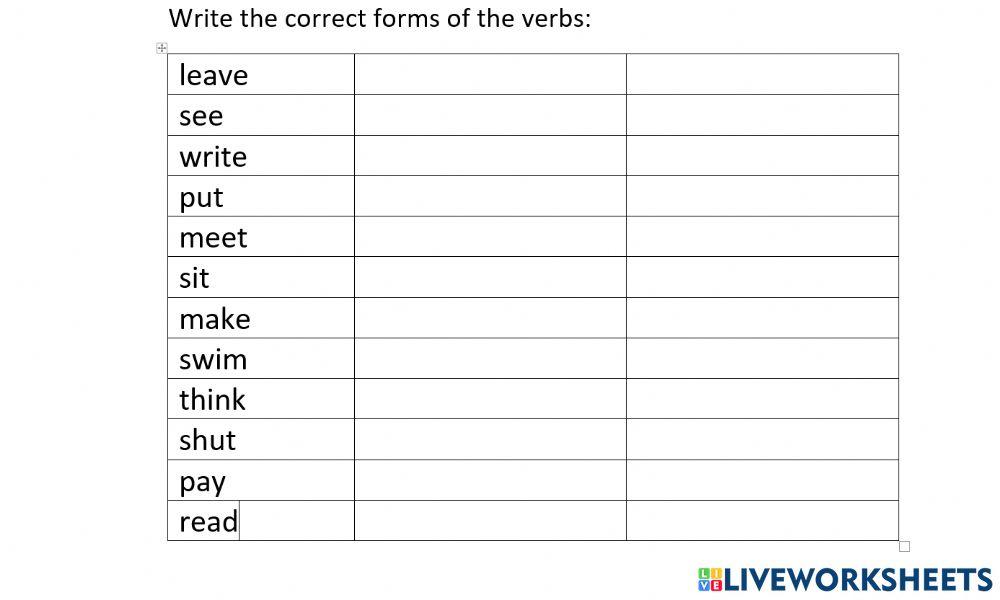 Irregular verbs short test