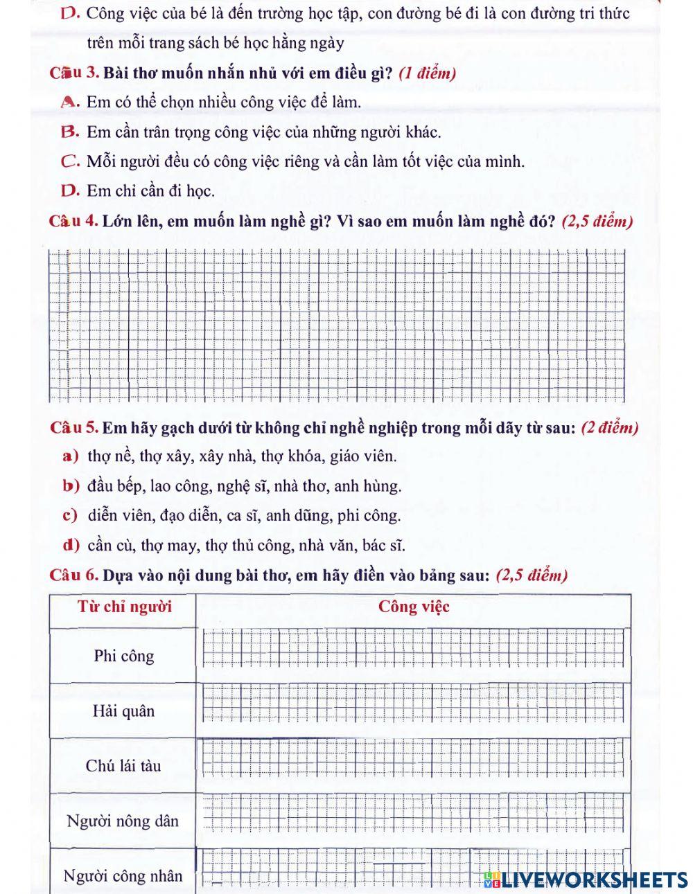 Tiếng Việt 2 lên 3: Đề khảo sát đầu năm số 1