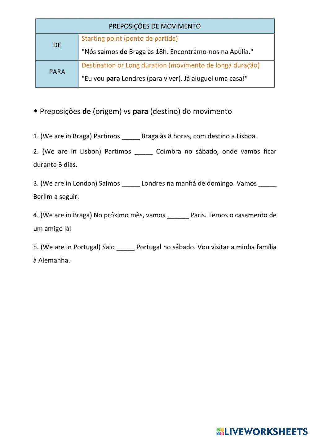 Preposições de Movimento: de ou para