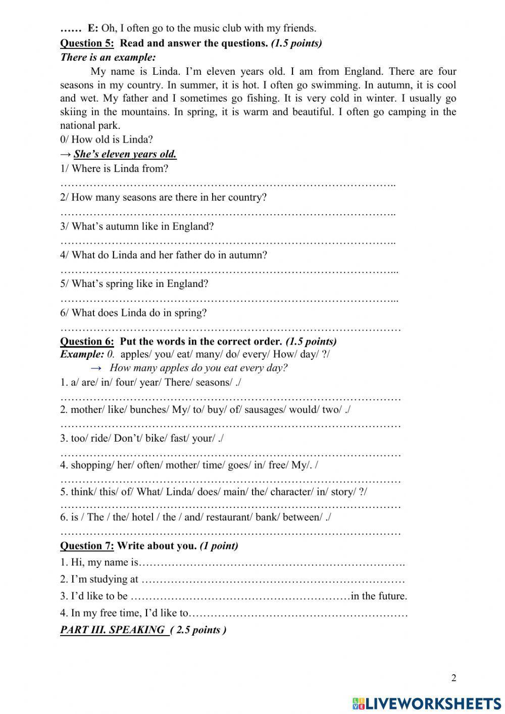 Bài kiểm tra  cuối HK2 môn tiếng anh 5