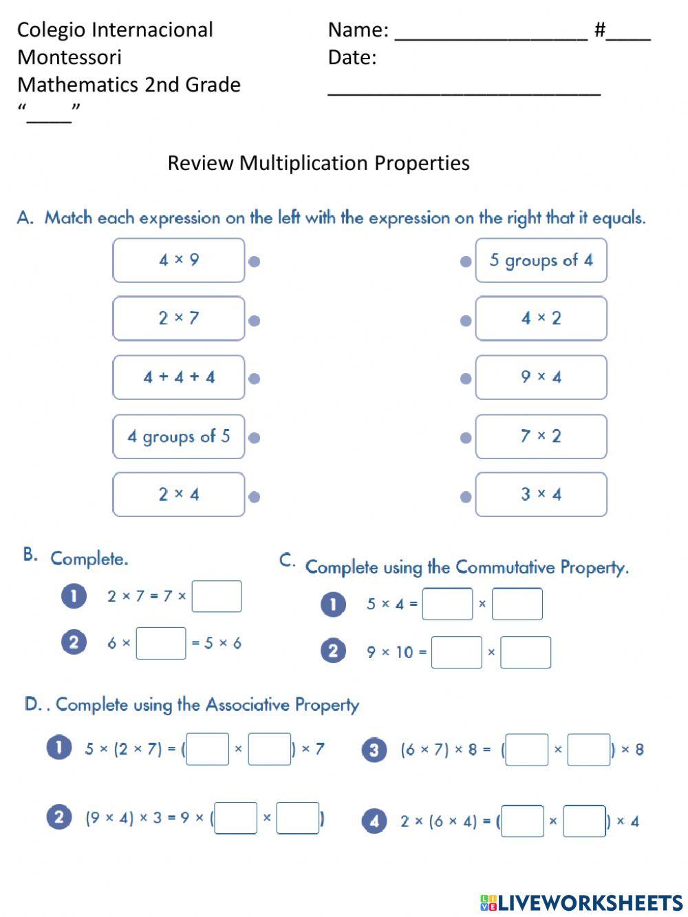 Worksheet multiplication properties