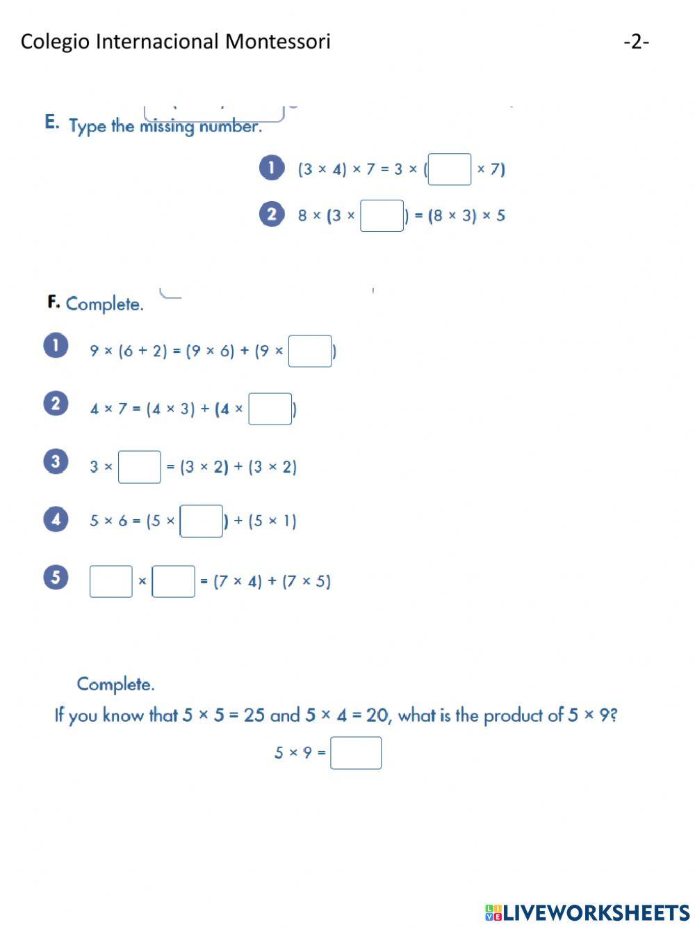 Worksheet multiplication properties