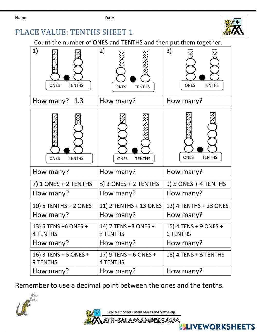 Place value tenths online exercise for live worksheets