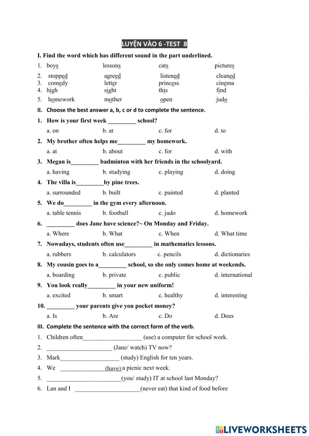Luyện vào 6 -Test 8