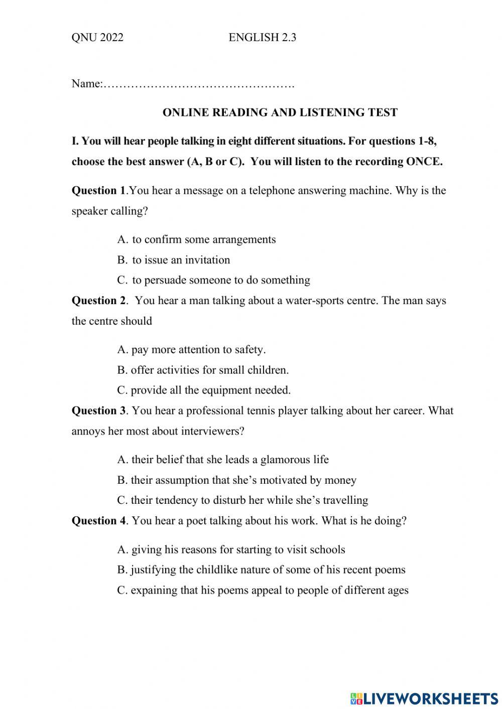 2.3 online test LISTENING N READING 2022