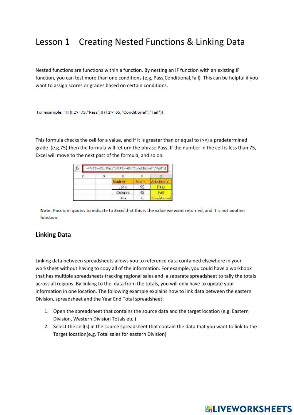Lesson 1 Creating Nested Functions & Linking Data worksheet | Live ...