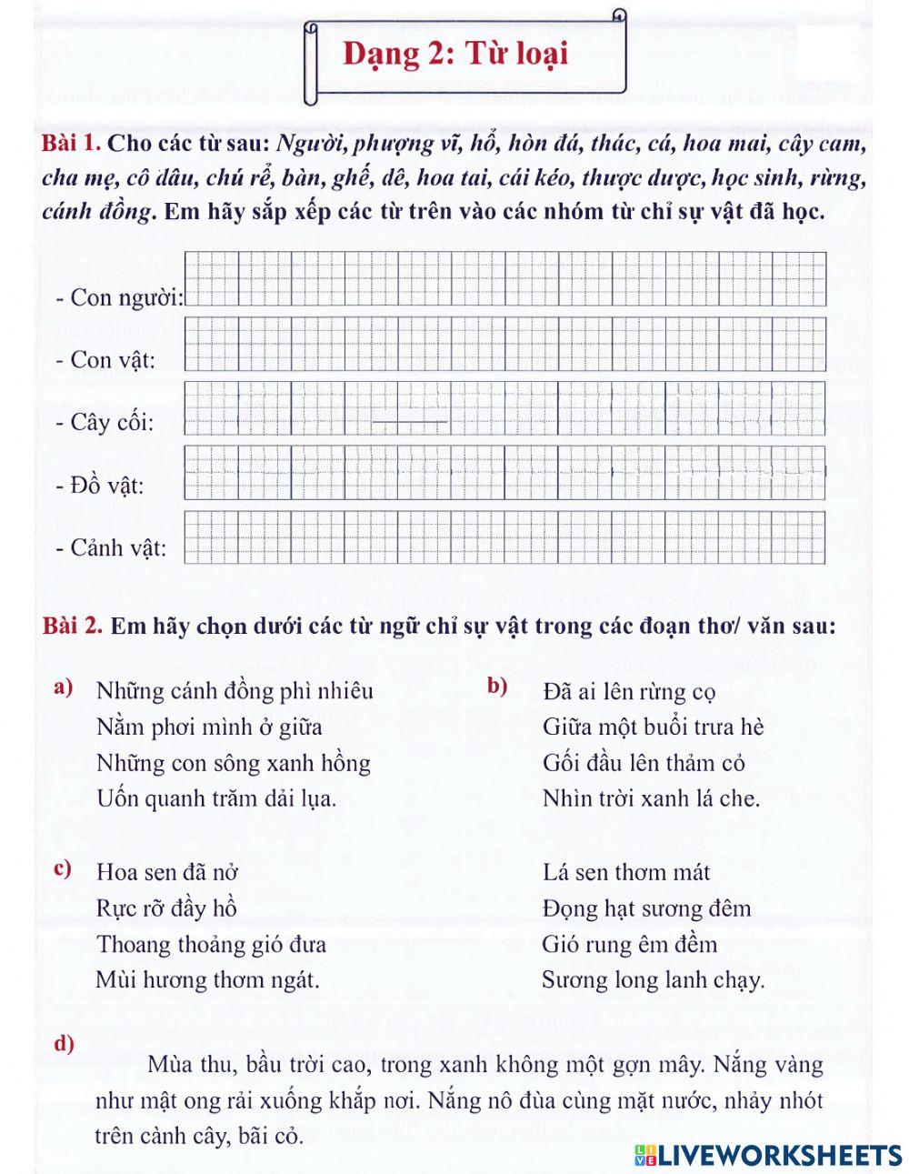 Tiếng Việt 3 lên 4 - Dạng 2: Từ loại