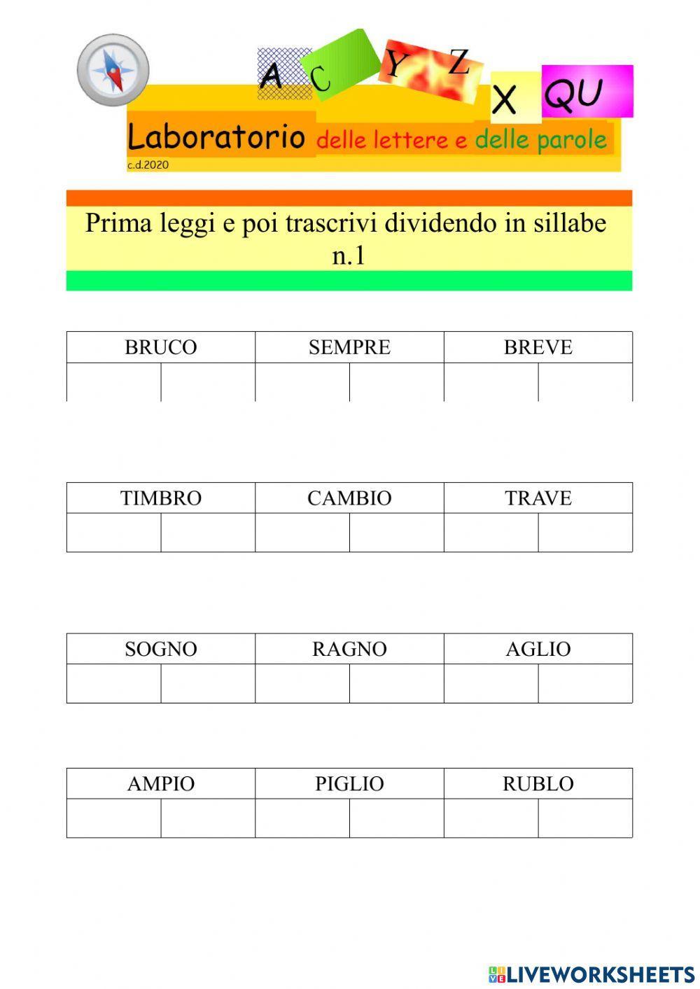 Leggi e dividi in sillabe n.1
