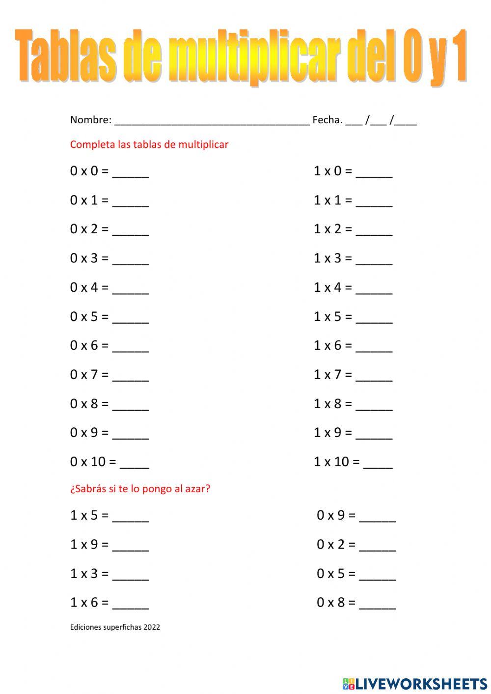 Tablas de multiplicar de 0 al 1