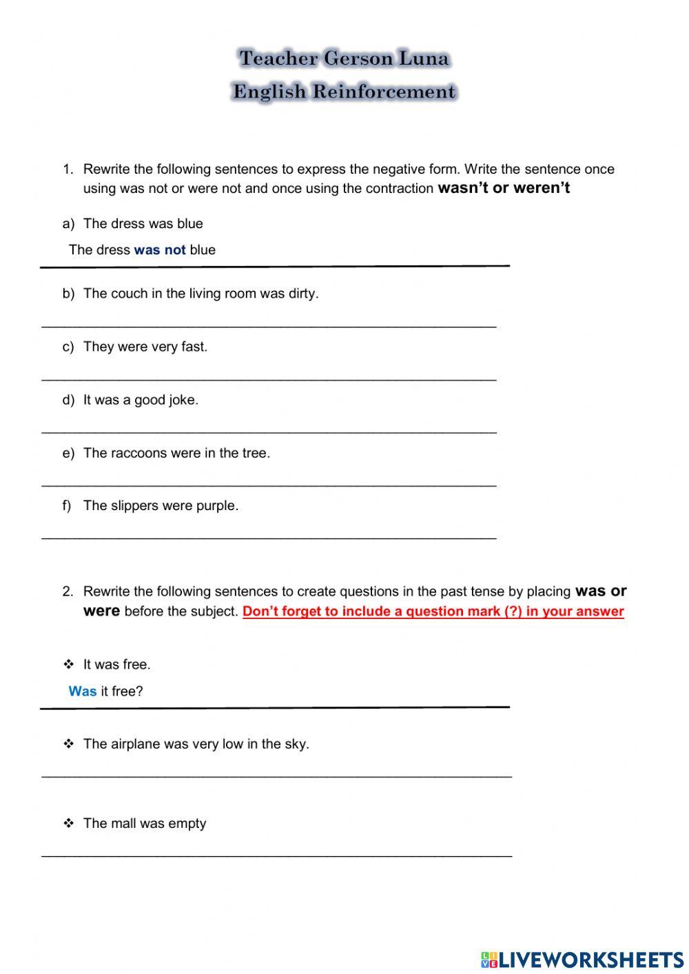 Past Tense - BE- Negative and Questions