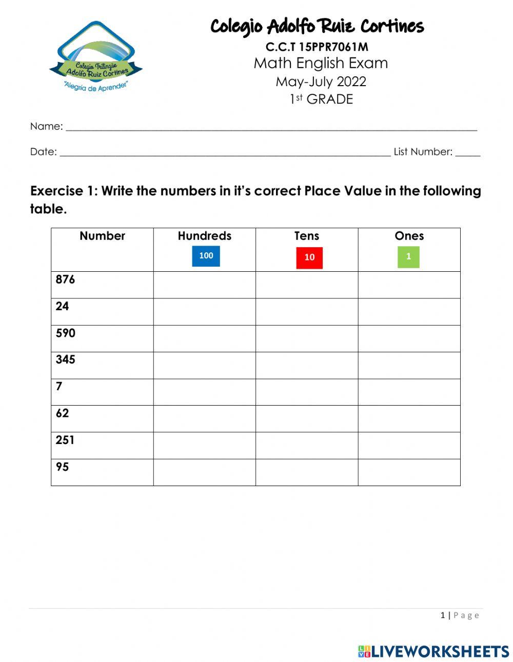 Math English Exam 3rd Grade