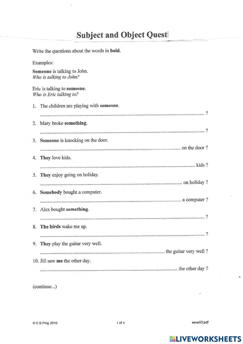 Subject - Object Question 2 online exercise for | Live Worksheets
