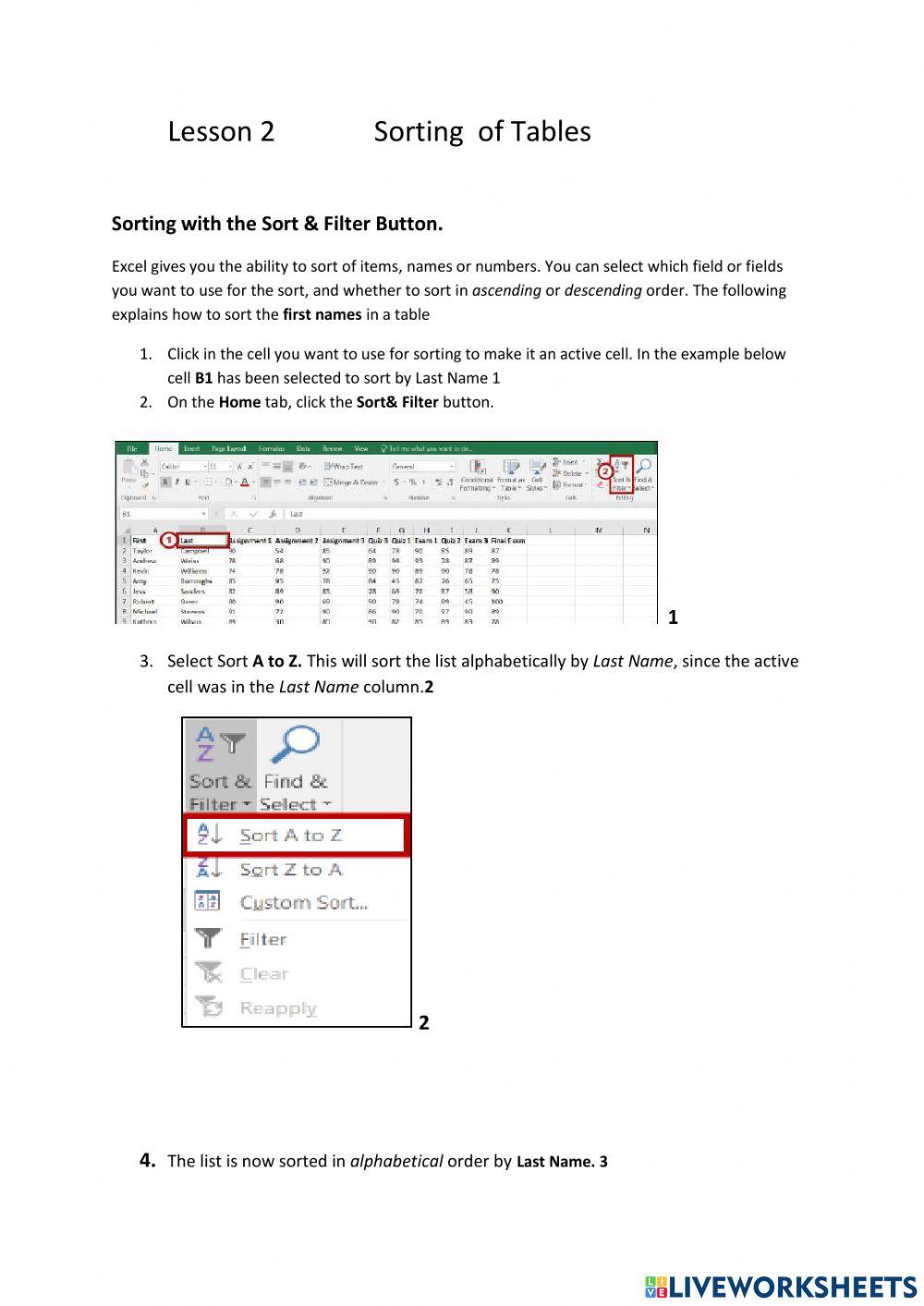 Lesson Sorting of Tables