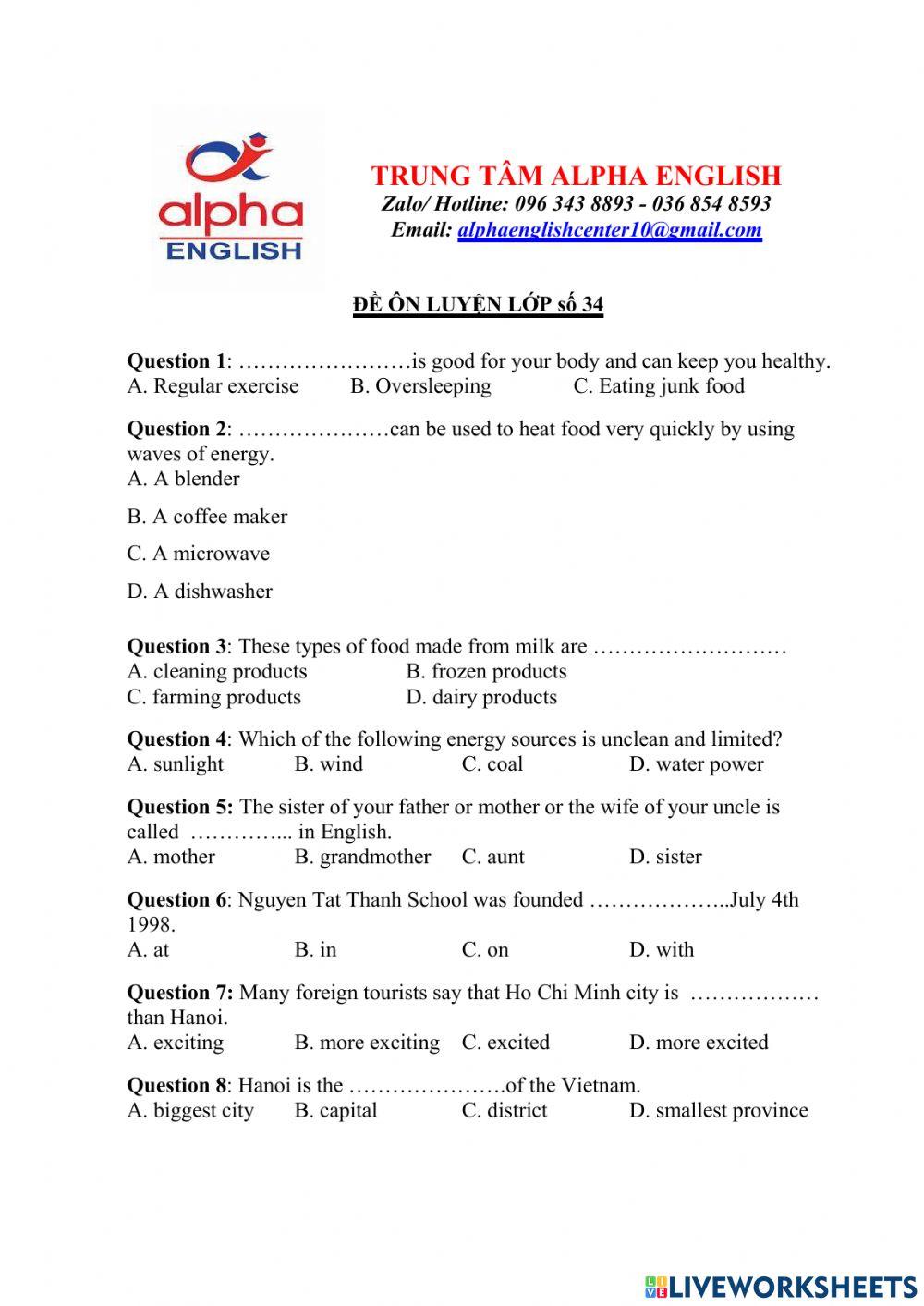 Đề luyện số 34 lớp 6 trường Amsterdam