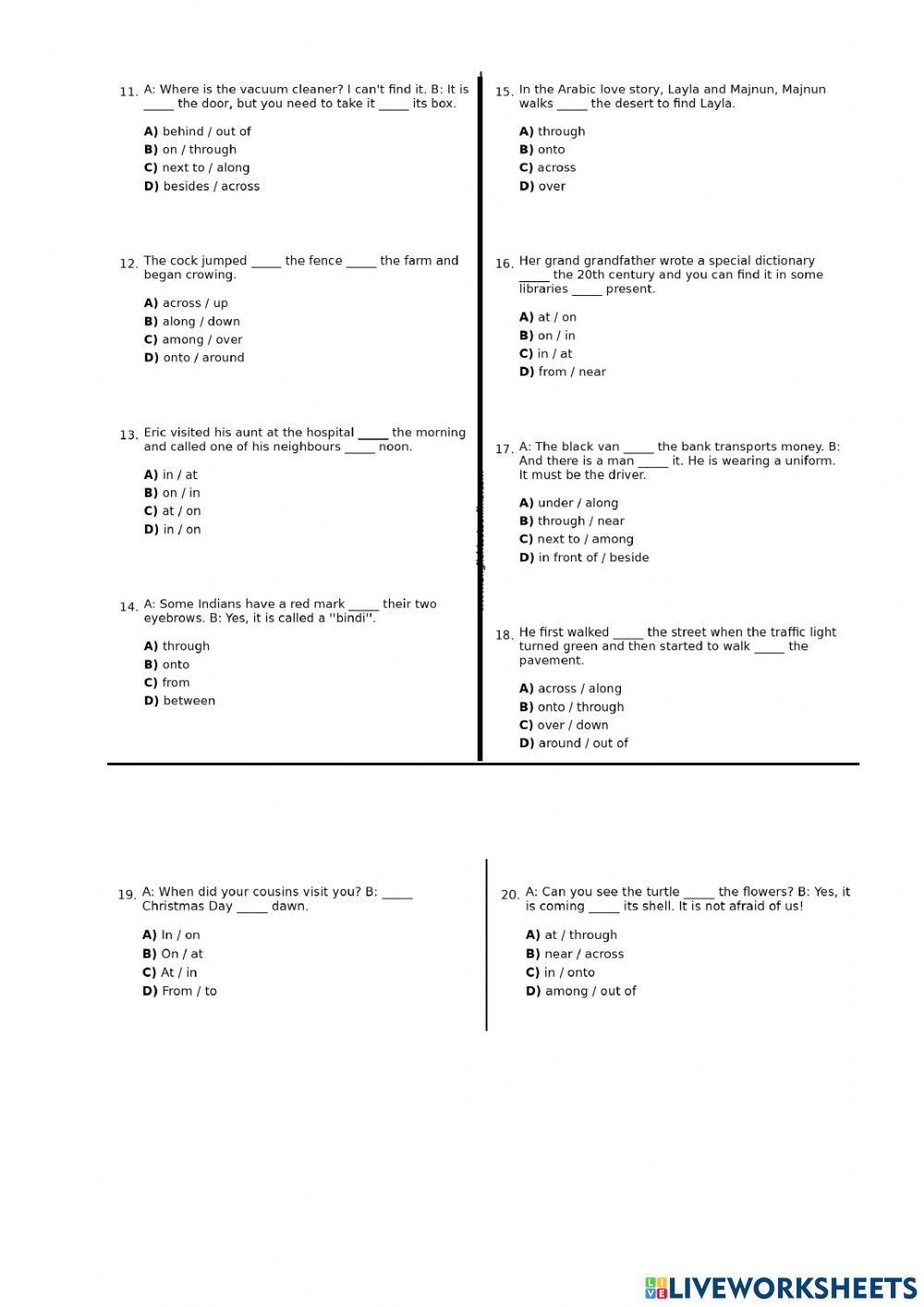 Prepositions Of Time - Place - Movement Test