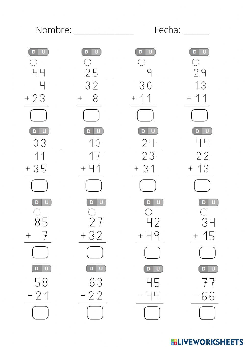Sumas con llevadas y sin llevadas y restas sin llevadas