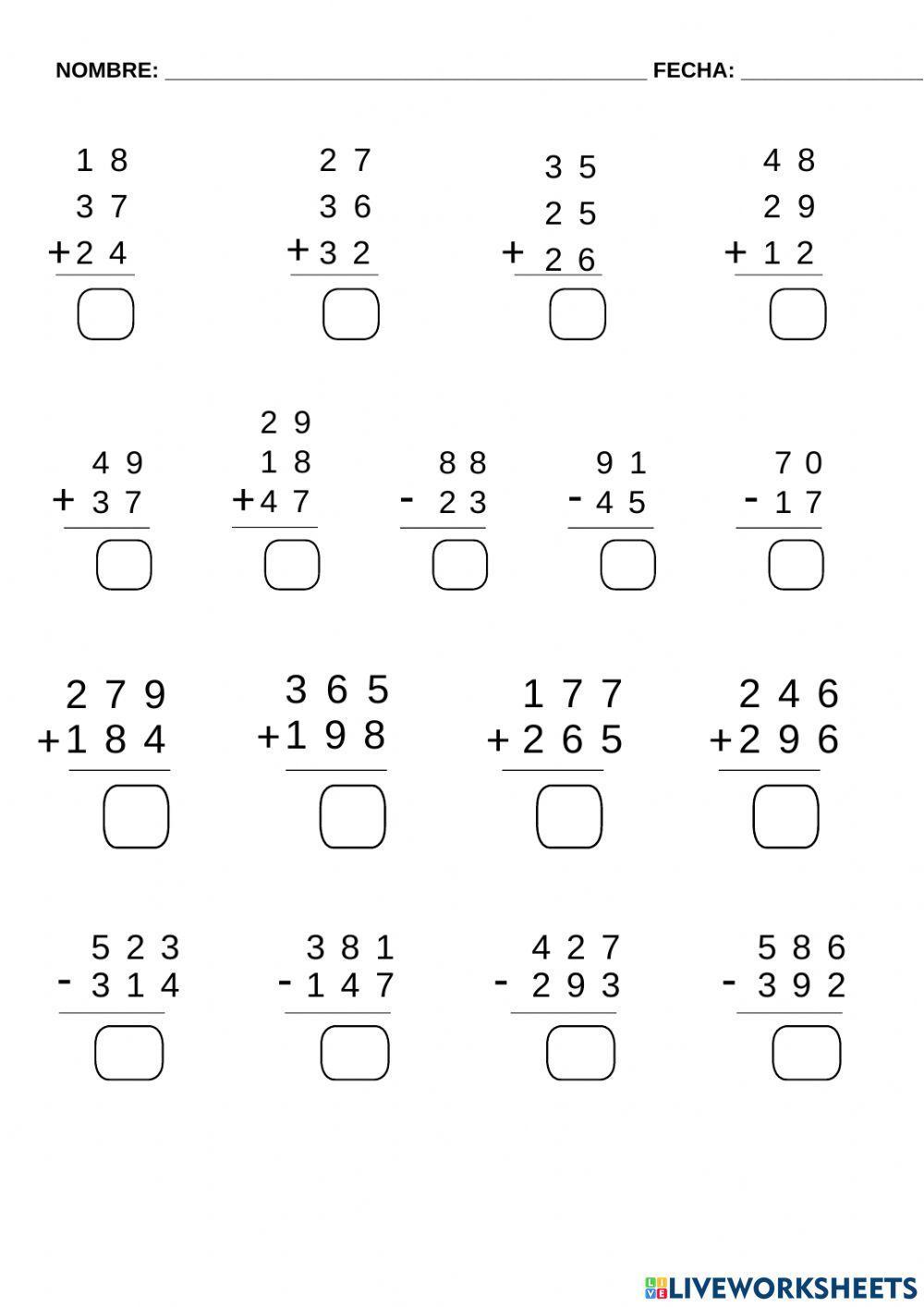 Sumas y restas con llevadas
