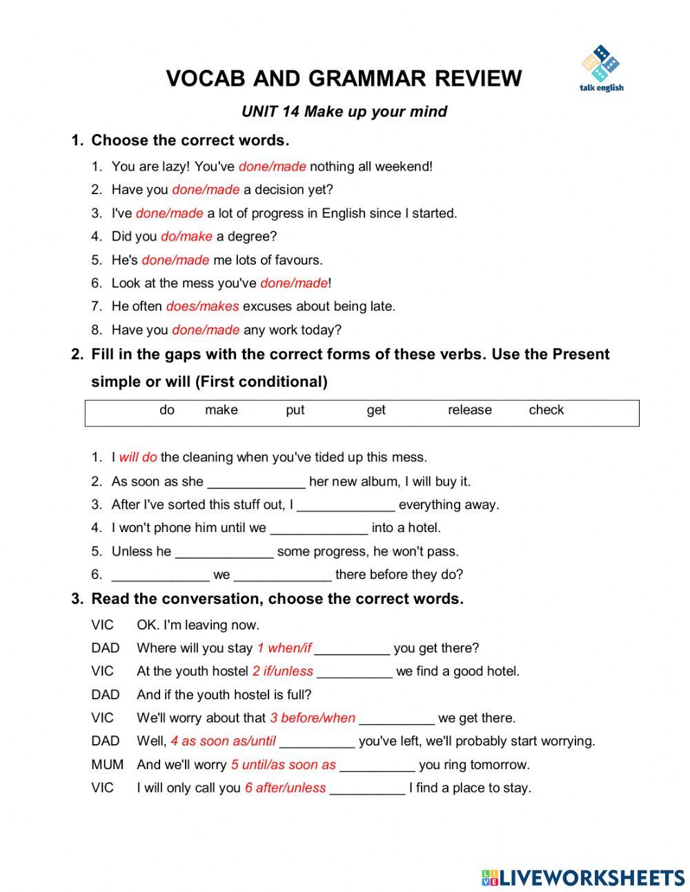 VOCAB AND GRAMMAR REVIEW Make up your mind
