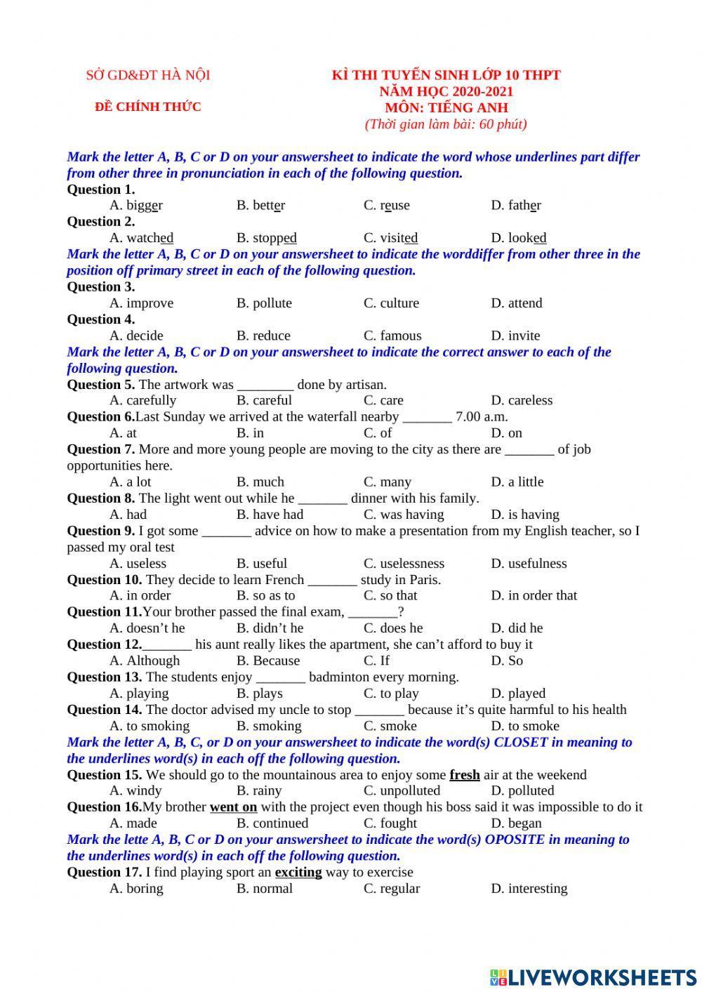 Đề thi vào lớp 10-hà nội (2020-2021)
