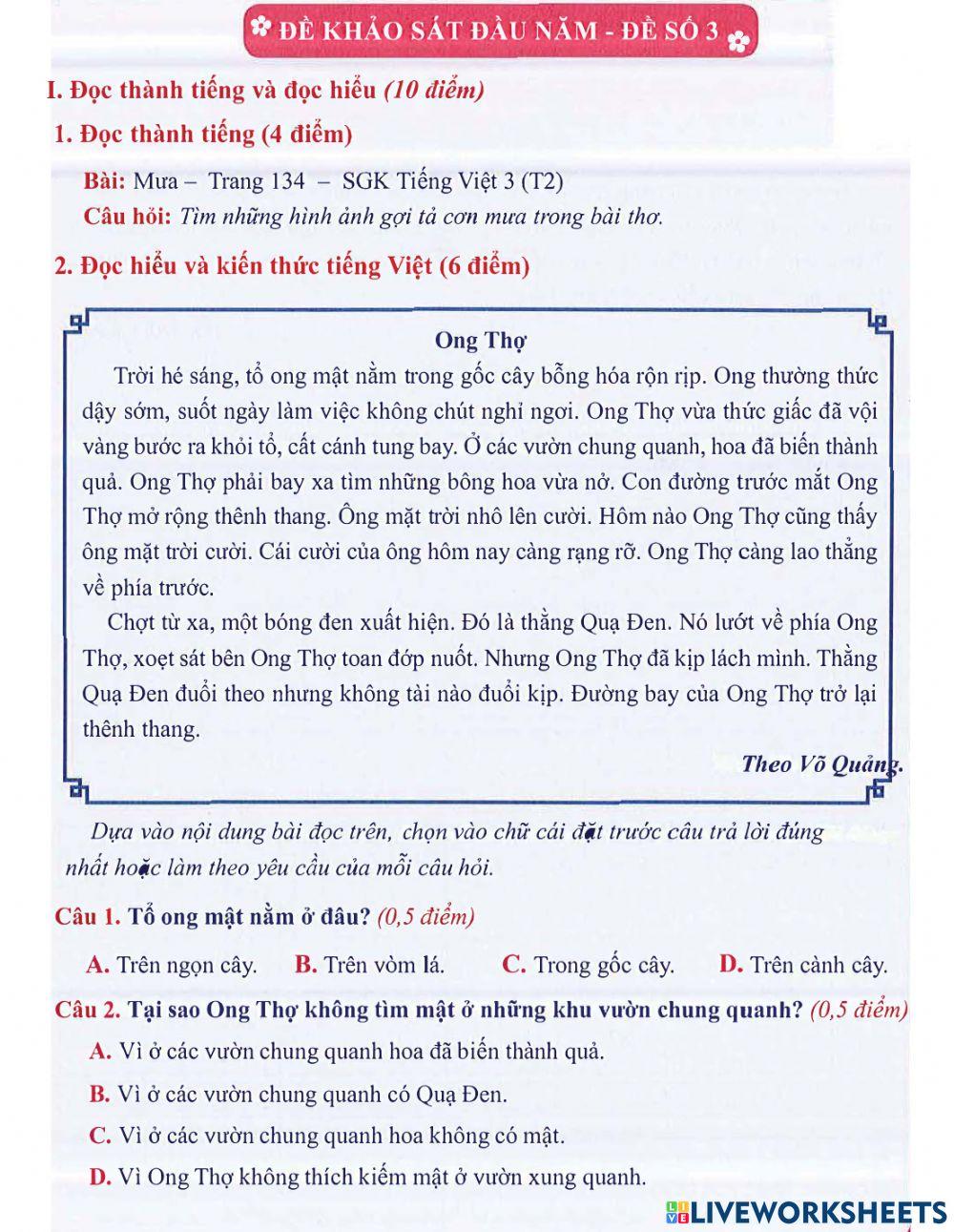 Tiếng Việt 3 lên 4: Đề khảo sát đầu năm số 3