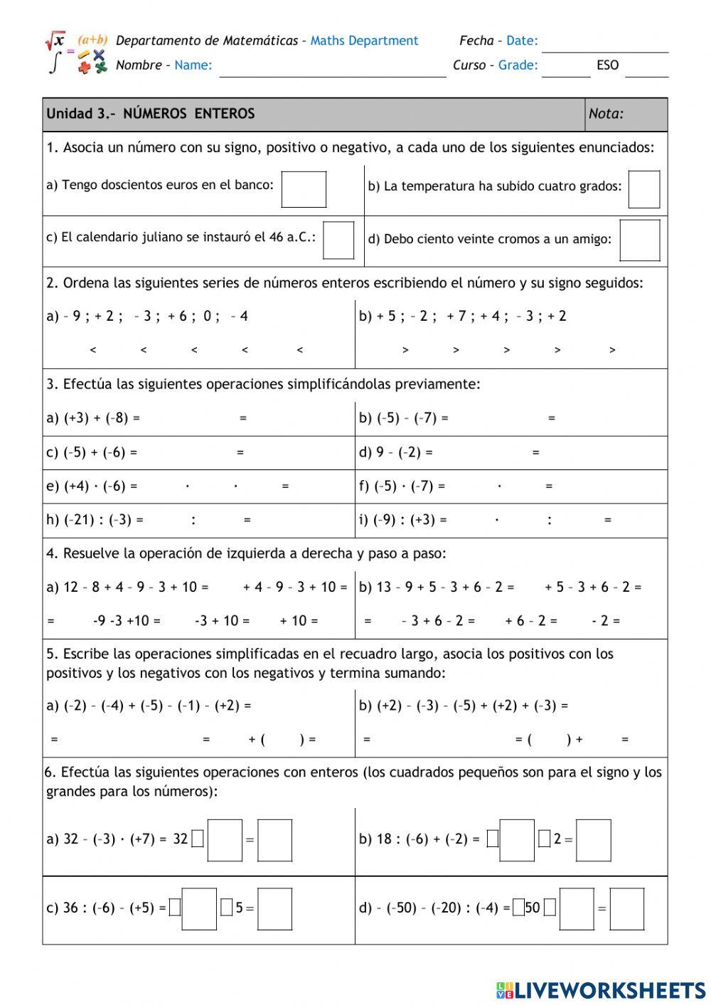 Números enteros ESO 1º Refuerzo