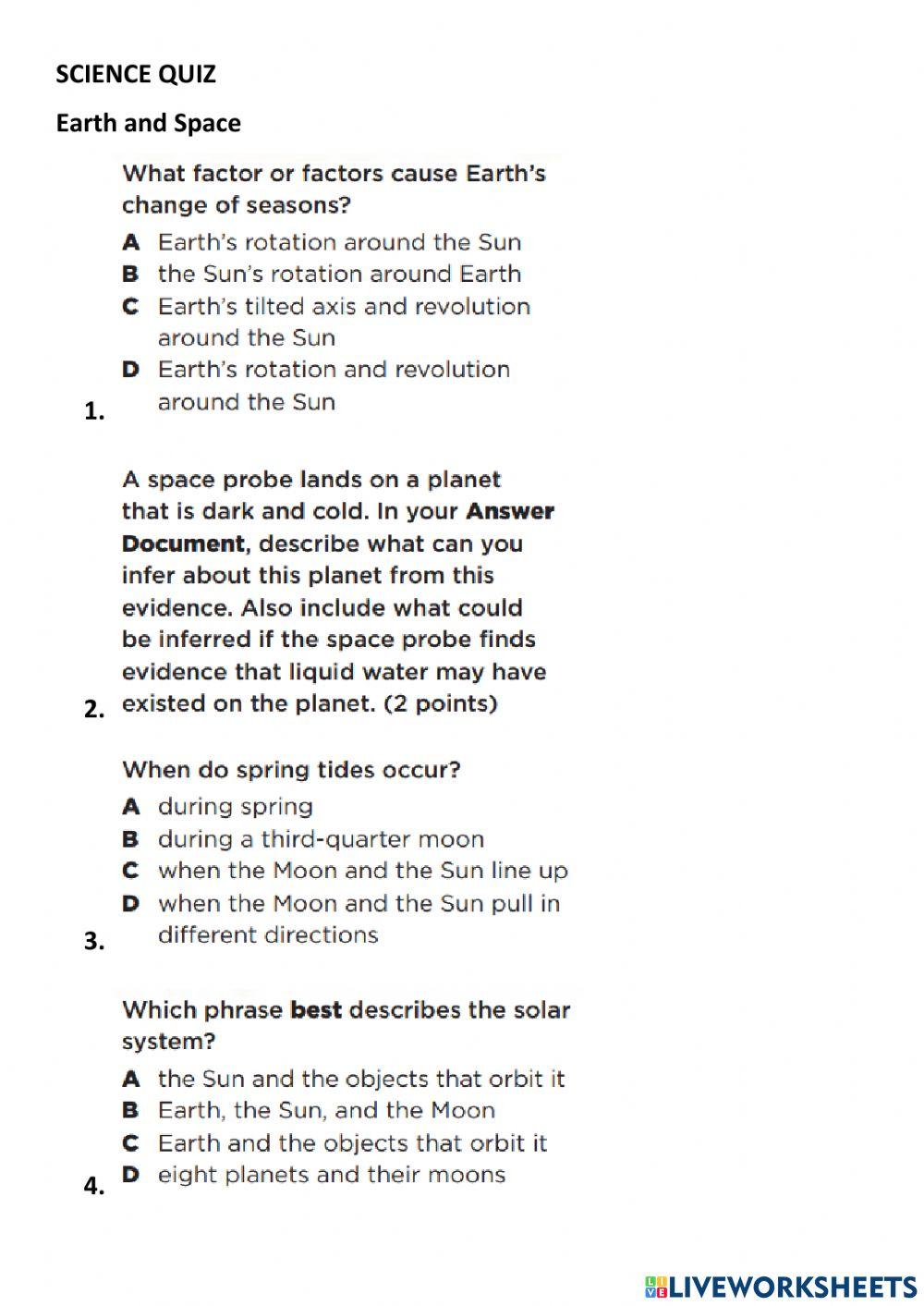 Earth and Space assessment Year 5