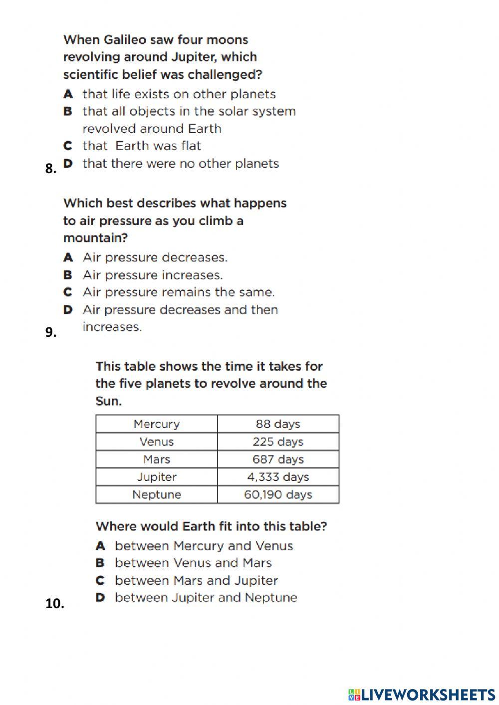 Earth and Space assessment Year 5
