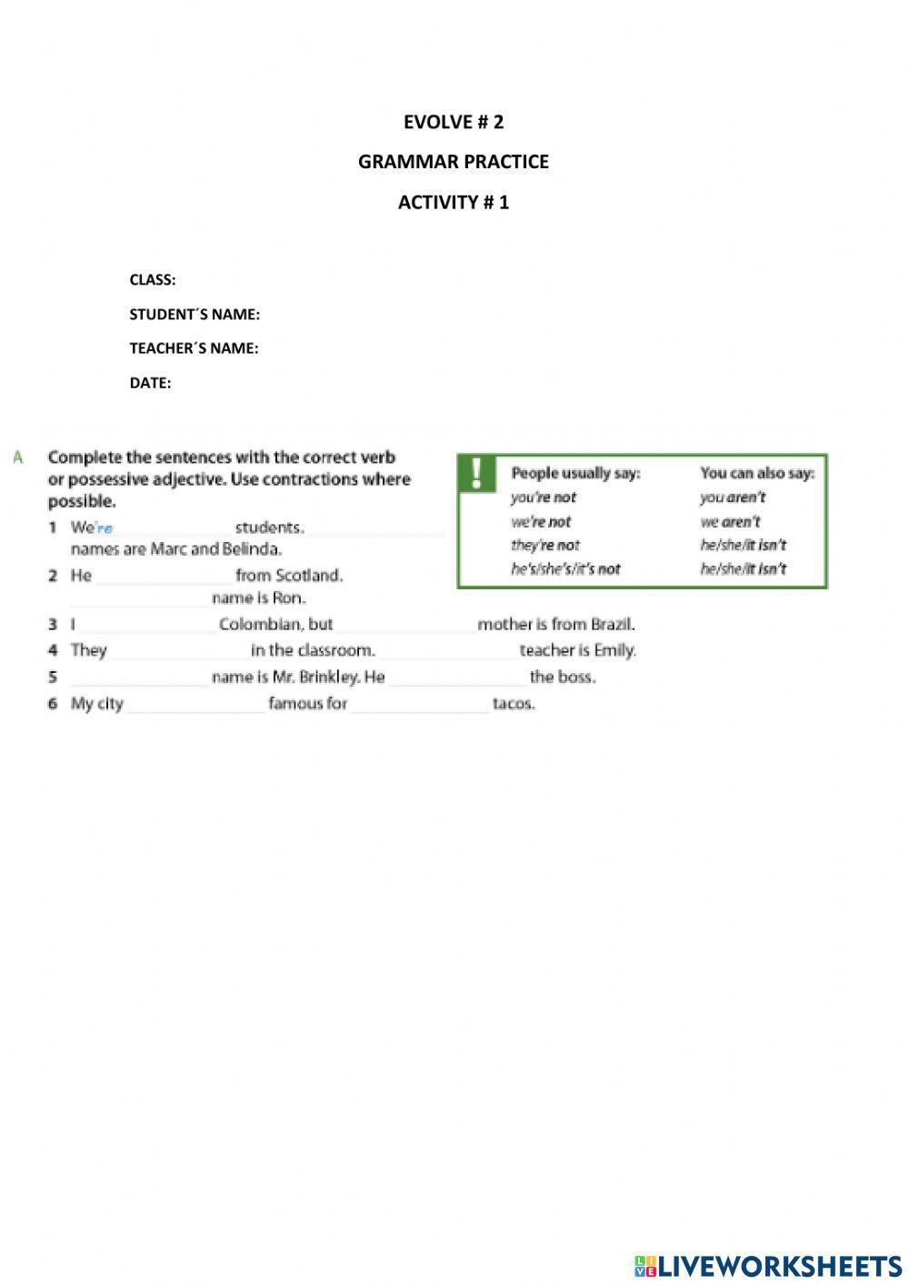 EVOLVE 2 UNIT 1.1 GRAMMAR PRACTICE