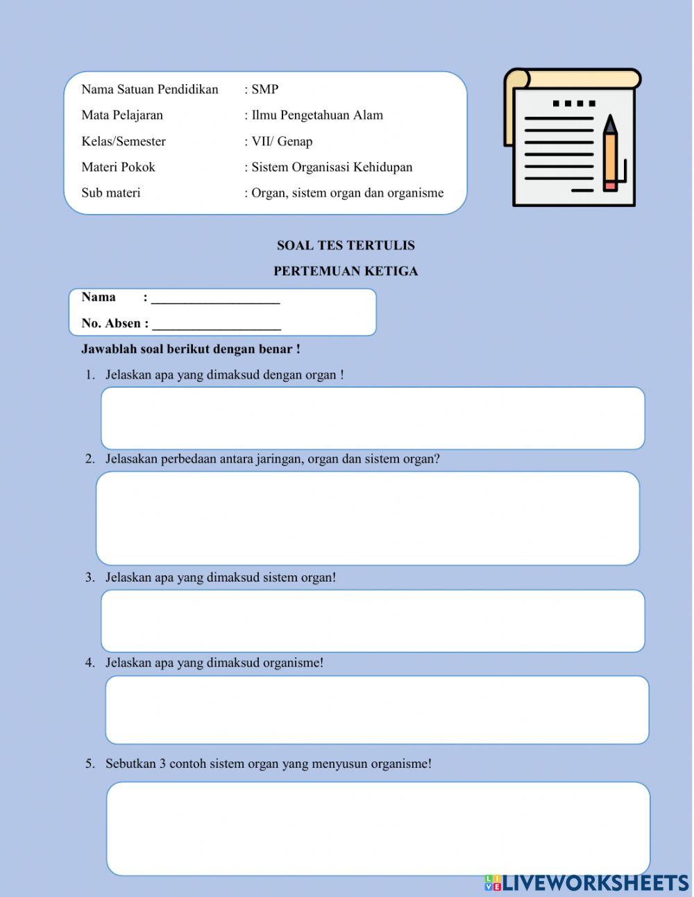 Soal tertulis 3 organ, sistem organ, organisme