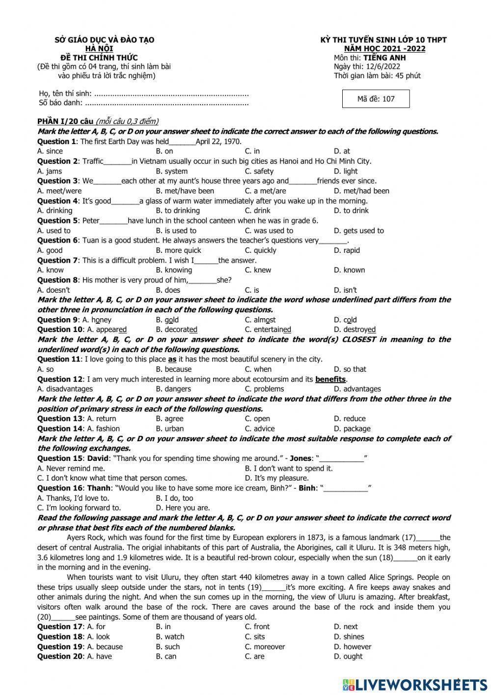 Đề thi chính thức tiếng anh vào 10 năm 2021