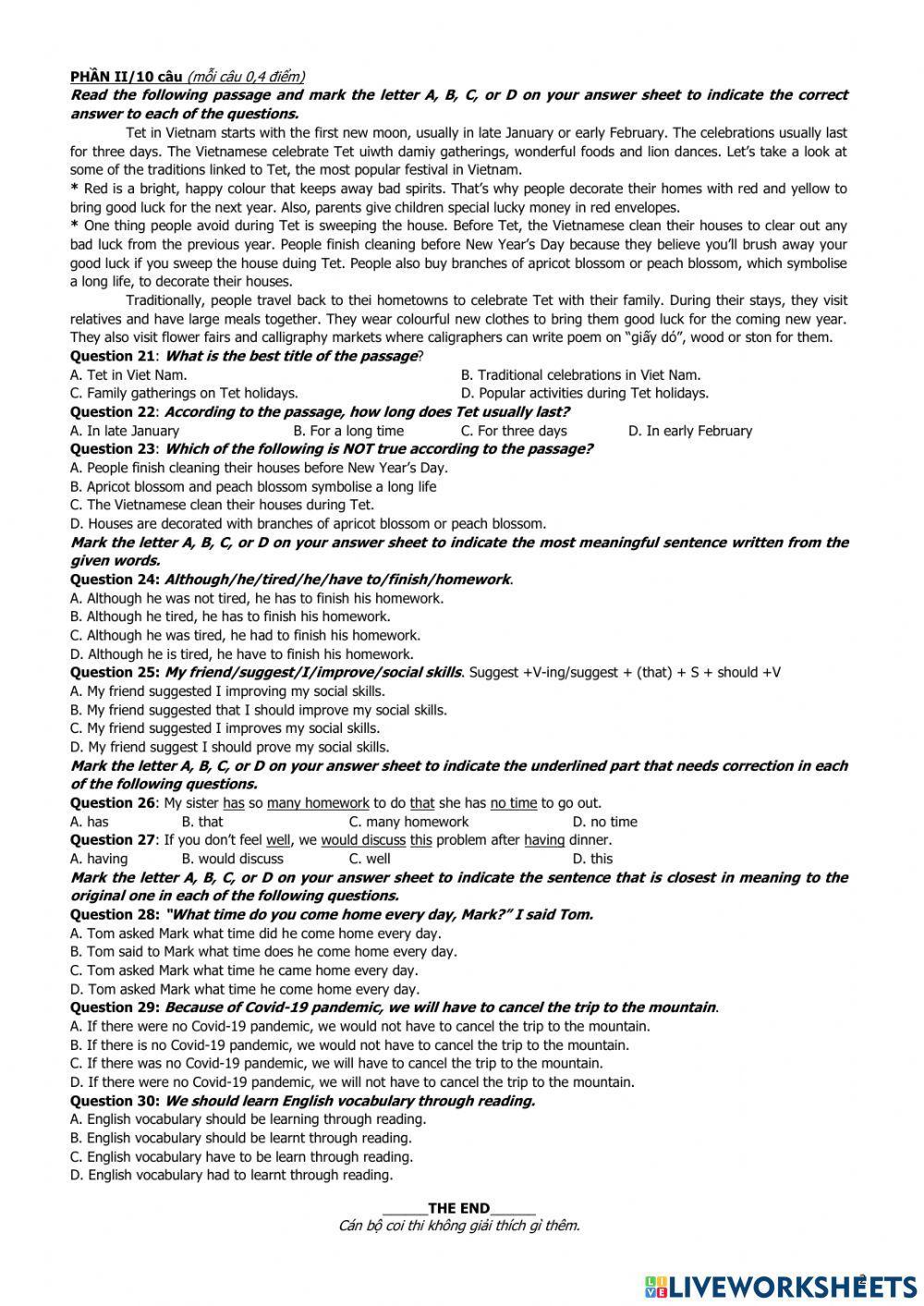 Đề thi chính thức tiếng anh vào 10 năm 2021