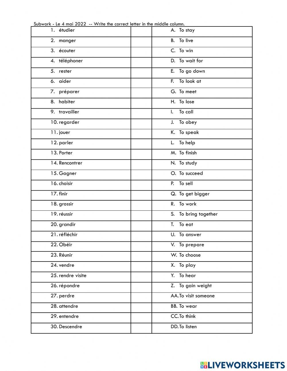 Matching - verbes reguliers