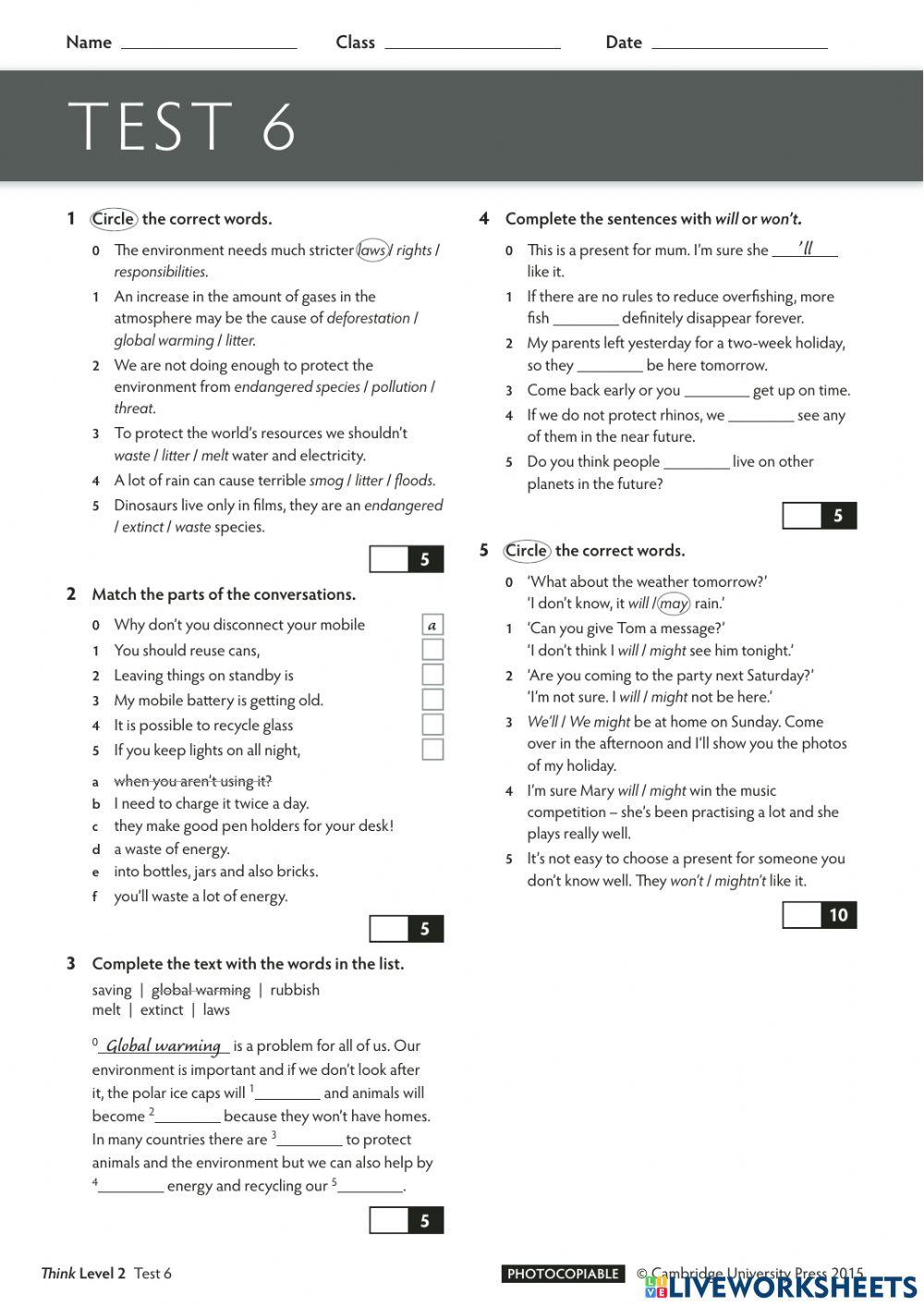 Think 2. Unit 6. Test