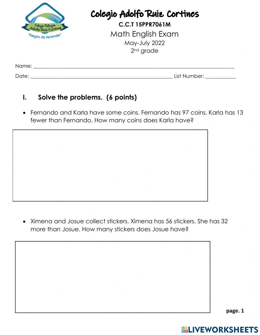 Math English Exam 3rd Period