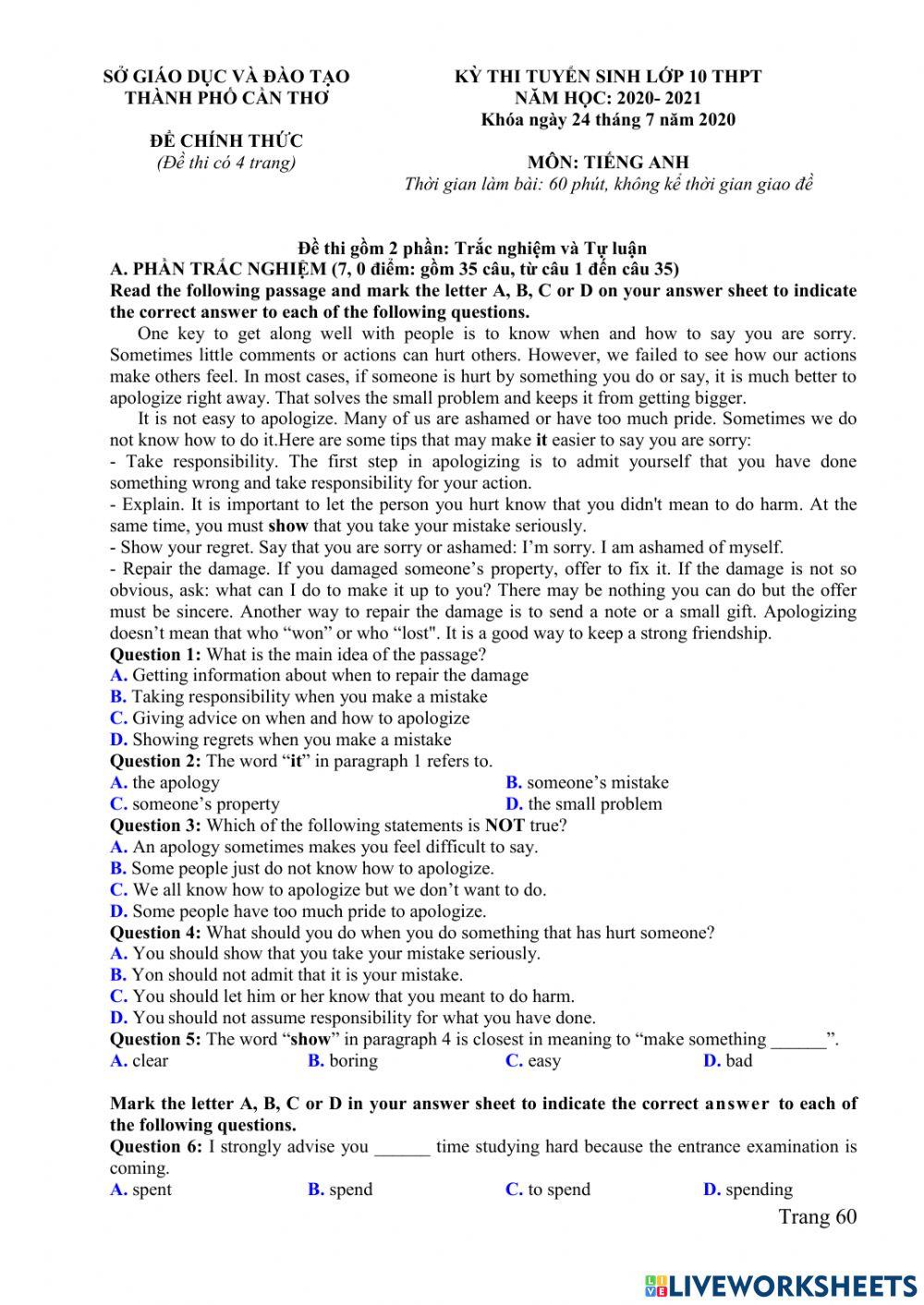 Grade 10 entrance exam