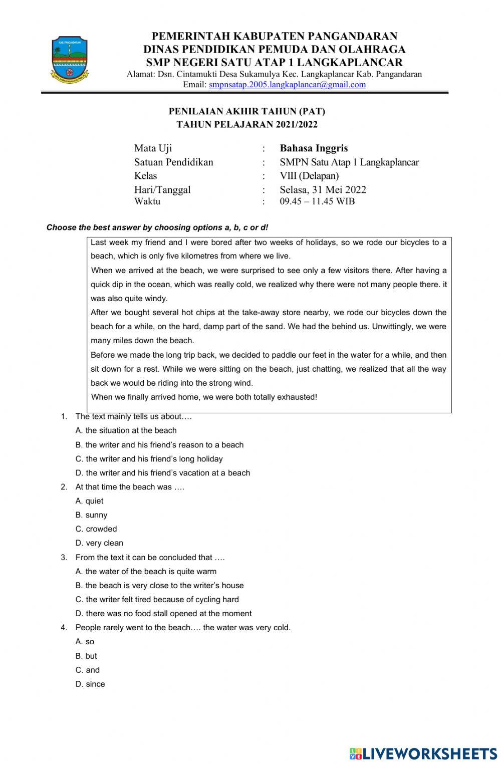 Soal PAT Bahasa Inggris Kelas 8