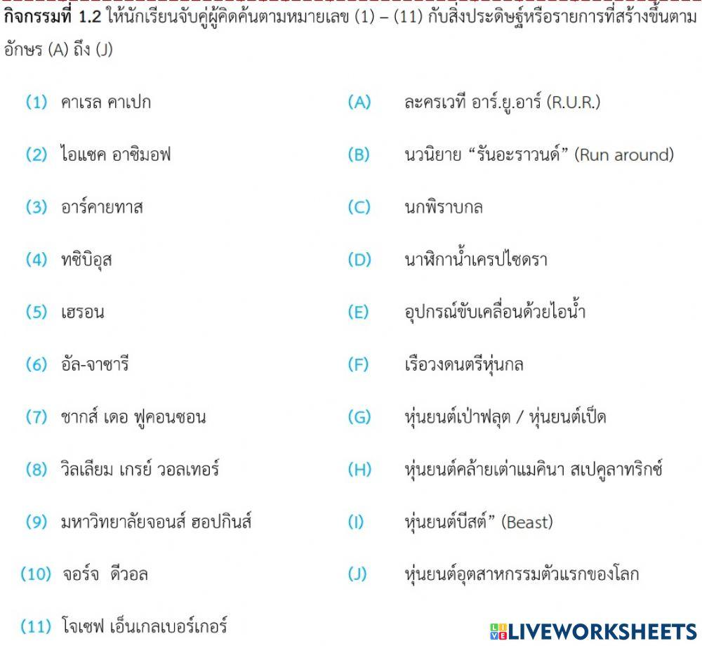 กิจกรรมที่ 1.2 ให้นักเรียนจับคู่ชื่อนักประดิษฐ์และสิ่งประดิษฐ์