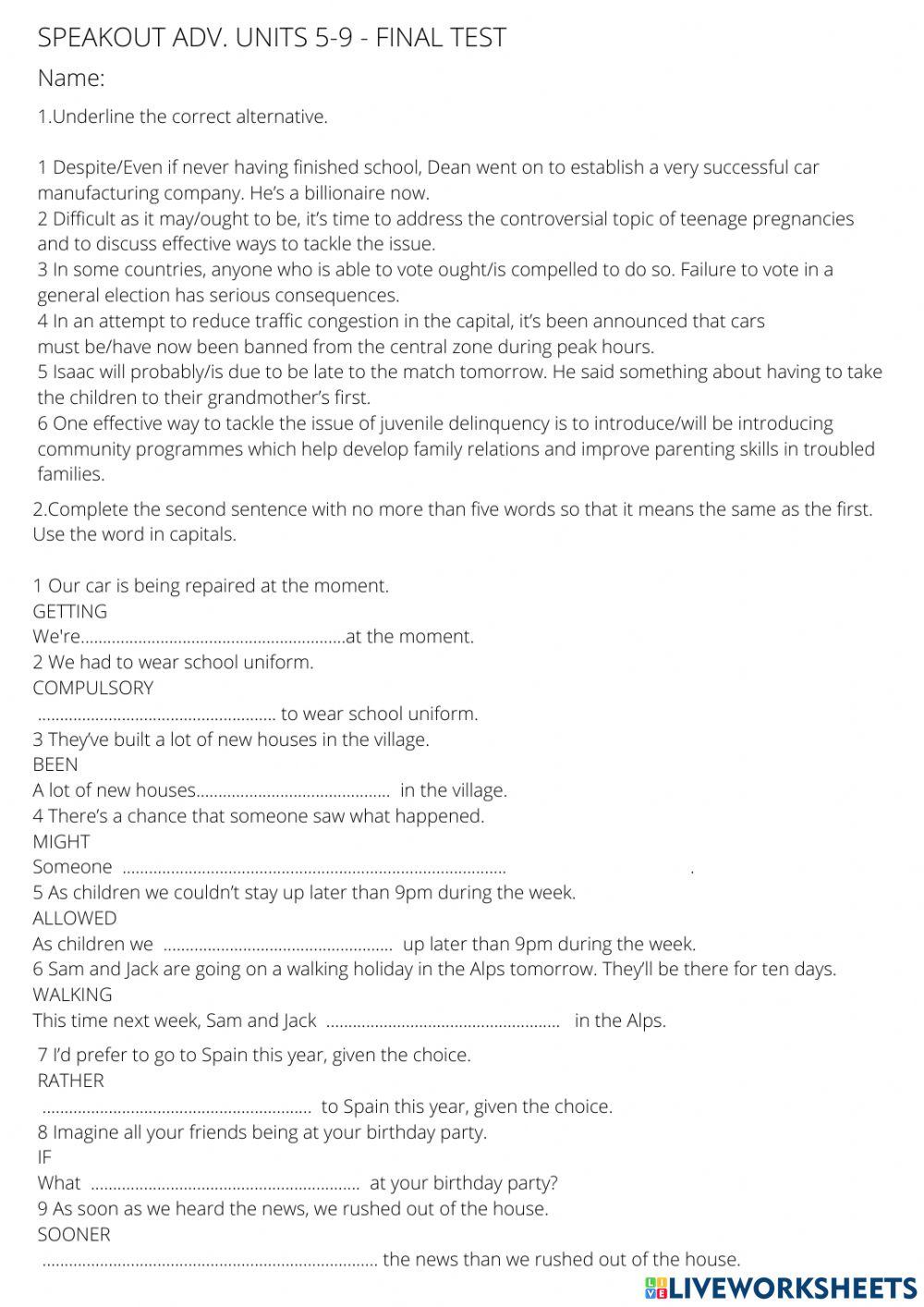 Speakout adv. units 5-9 final test