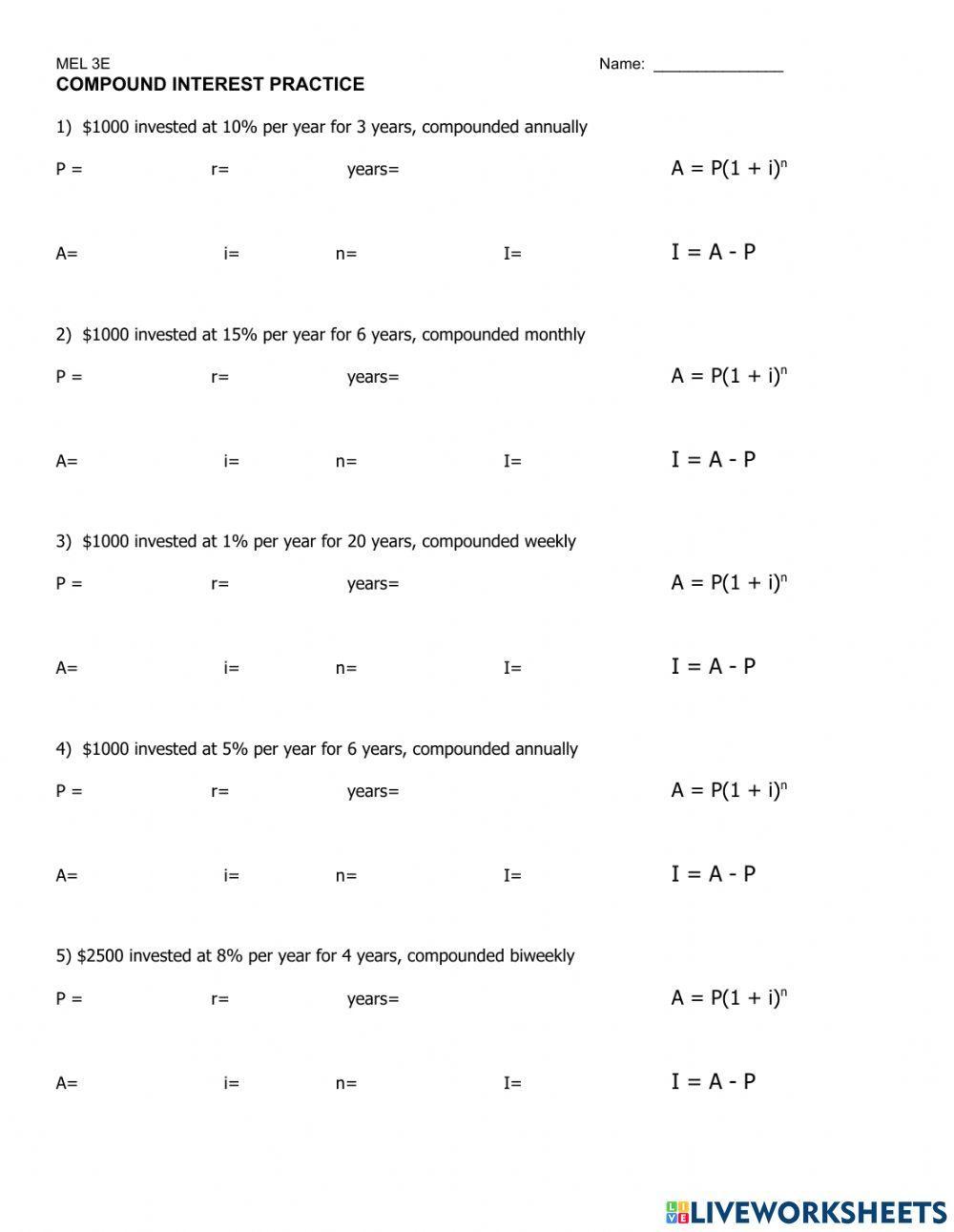 Compound Interest exercise | Live Worksheets
