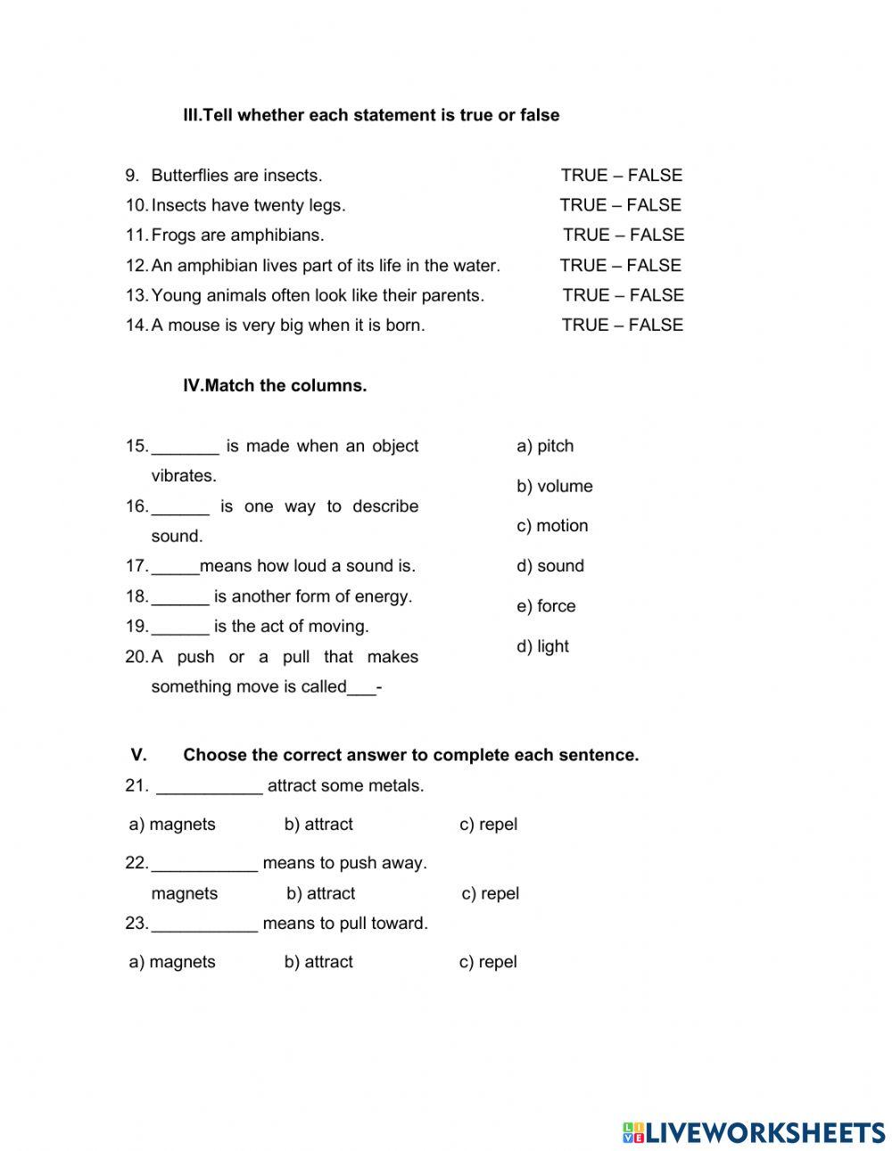 Science - Second Grade - Fifth Period Test